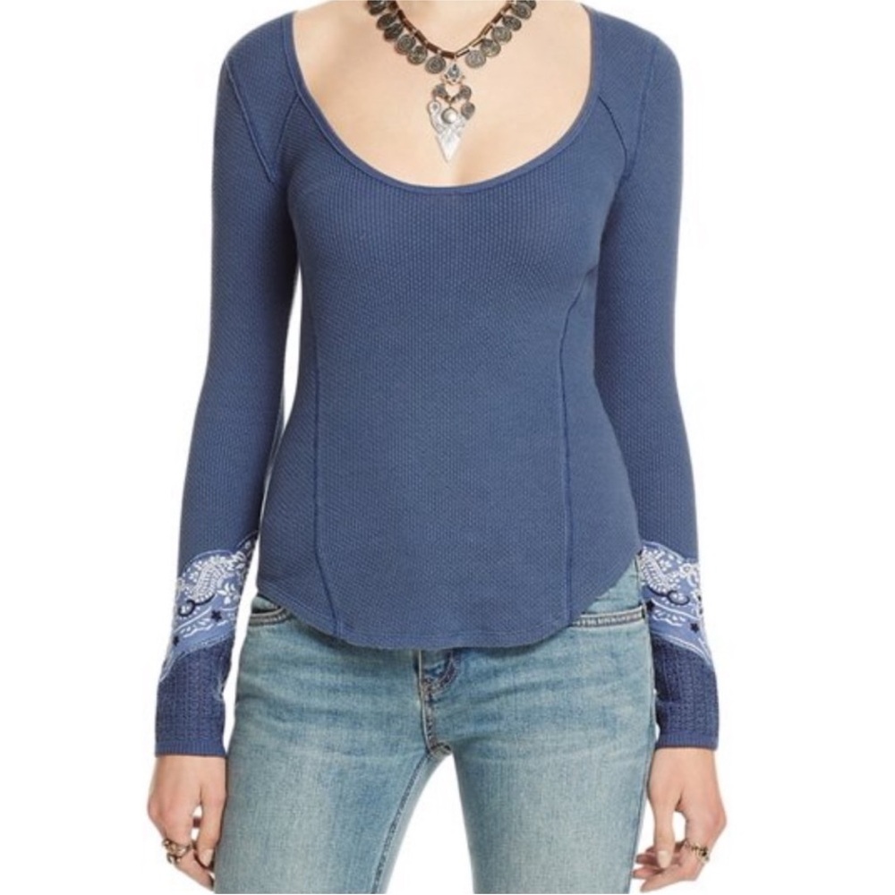 Free People Blue Long Sleeve Fitted Bodysuit